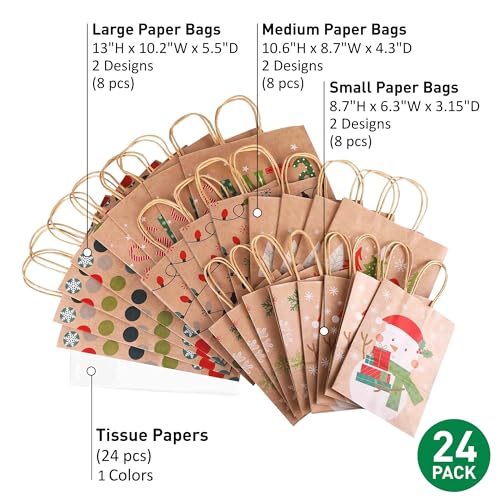 24 Christmas Gift Bags Assorted Sizes with Tissue Paper N4448