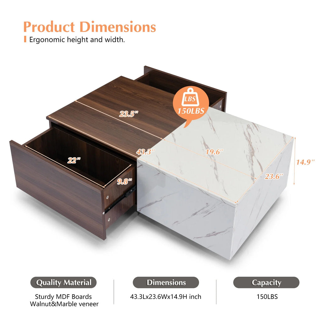 Walnut and Marble White Coffee Table with 2 Storage Drawers P184651