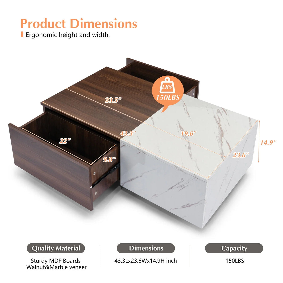 Walnut and Marble White Coffee Table with 2 Storage Drawers P184651