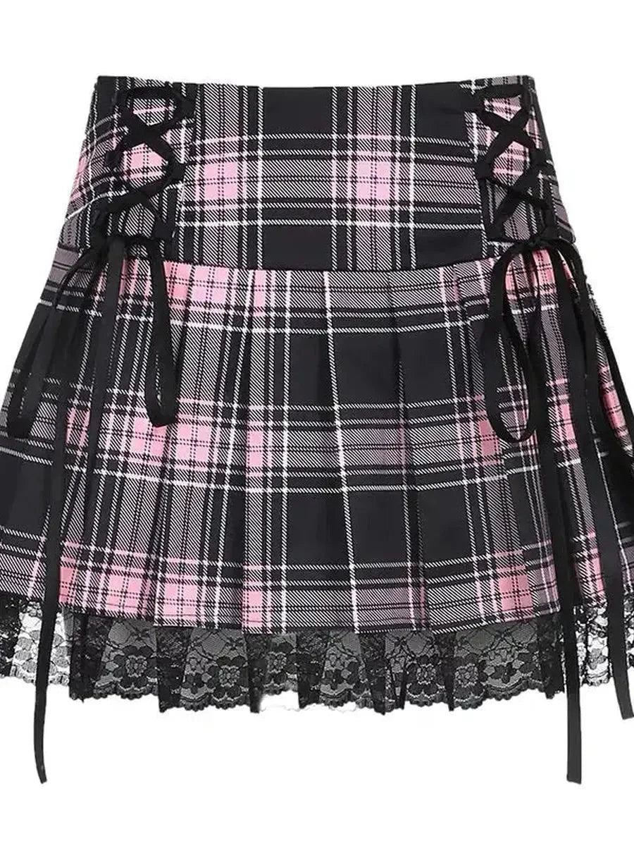 Pink Plaid Lace Skirt S44400
