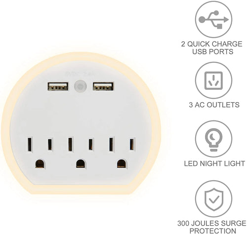 2 Pack White USB Outlet Extender with Night Light E754120