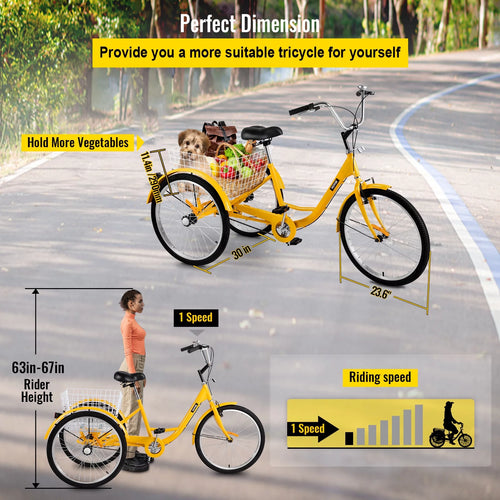 24 inch 1-Speed Yellow Adult Tricycle with Cargo Basket Z600270