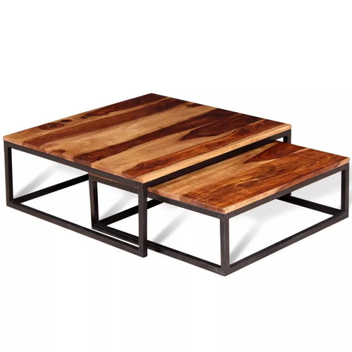 2 Piece Stackable Sheesham Wood Iron Frame Nesting Table Set R6679