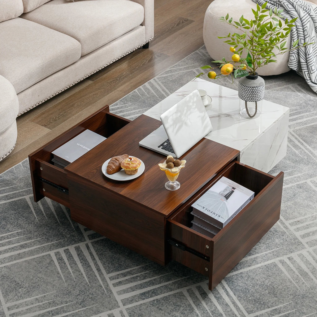 Walnut and Marble White Coffee Table with 2 Storage Drawers P184651