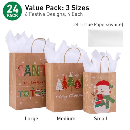 24 Christmas Gift Bags Assorted Sizes with Tissue Paper N4448