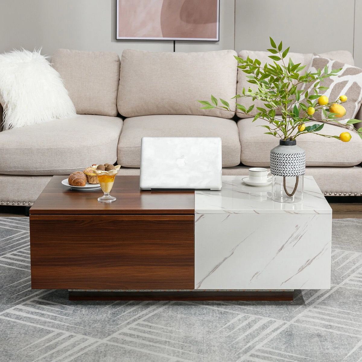 Walnut and Marble White Coffee Table with 2 Storage Drawers P184651