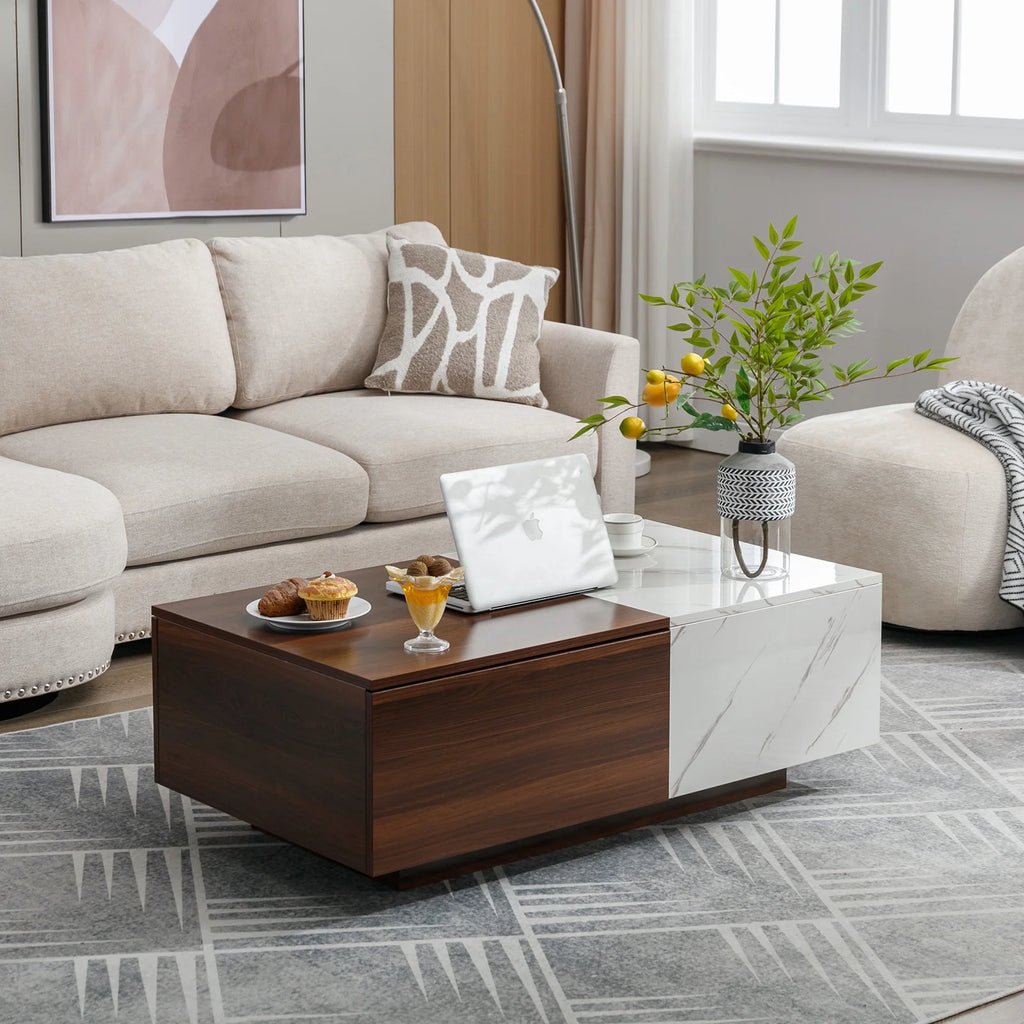 Walnut and Marble White Coffee Table with 2 Storage Drawers P184651