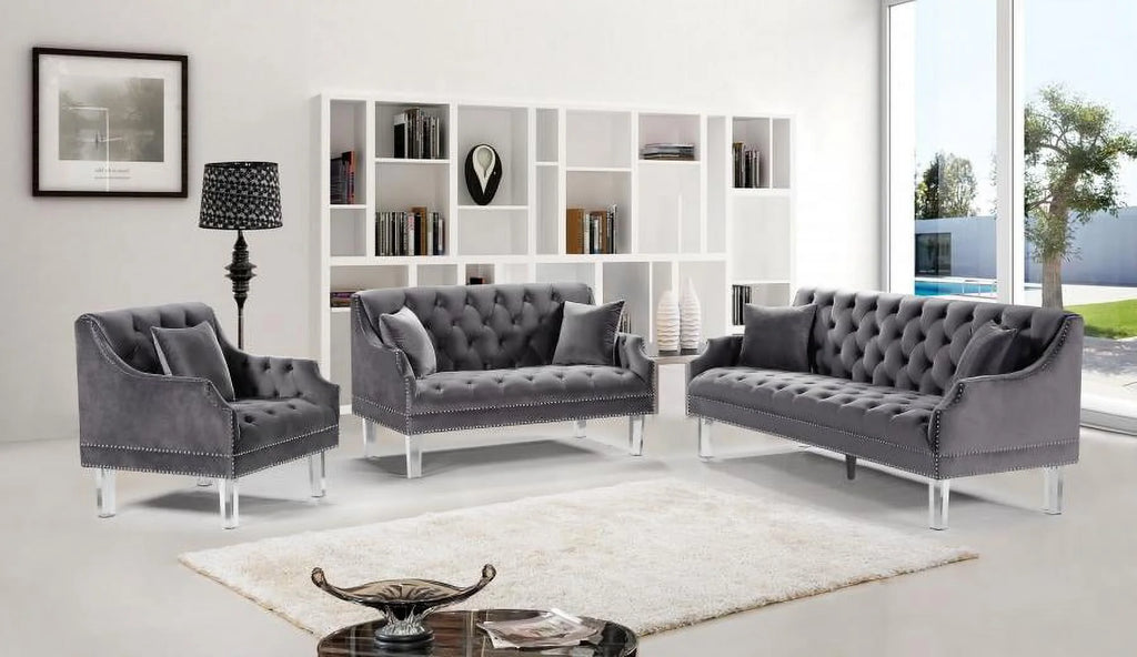 Grey Velvet Button Tufting Sofa & Loveseat Set 2Pcs A644