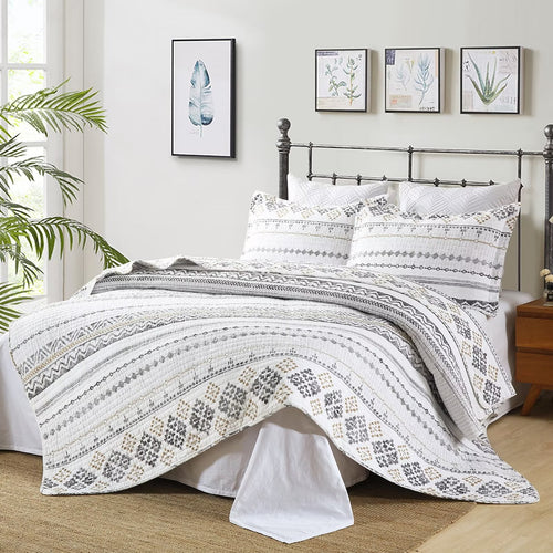 100% Cotton King Size Quilt Set White Charcoal Geometric Striped 3-Piece O976