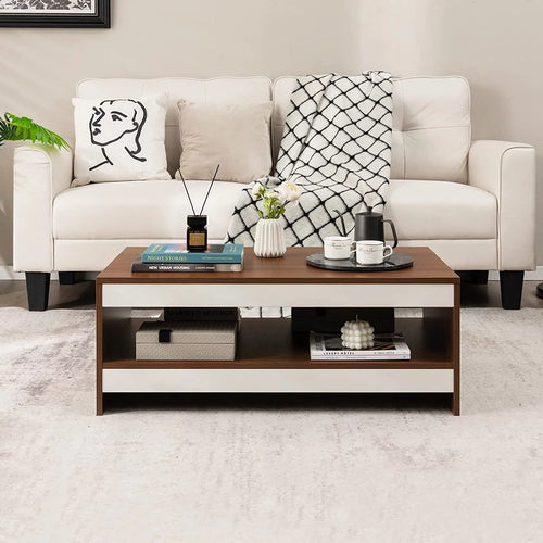 37 Inch Two-Tier Wooden Coffee Table with Storage Shelf A666