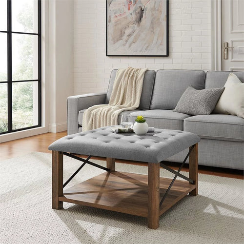 30" Square Tufted Fabric Upholstered Ottoman in Gray P877222