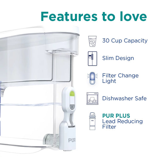 30 Cup Water Filter Dispenser with Filter, Dishwasher Safe, White T838