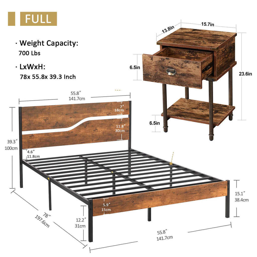 3-Piece Full Bedroom Set with Platform Bed Frame and 2 Nightstand L893