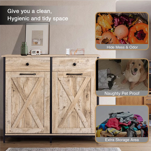 20 Gallons Double Tilt Out Trash Cabinet Oak Wooden with Countertop 2 Drawers P723327
