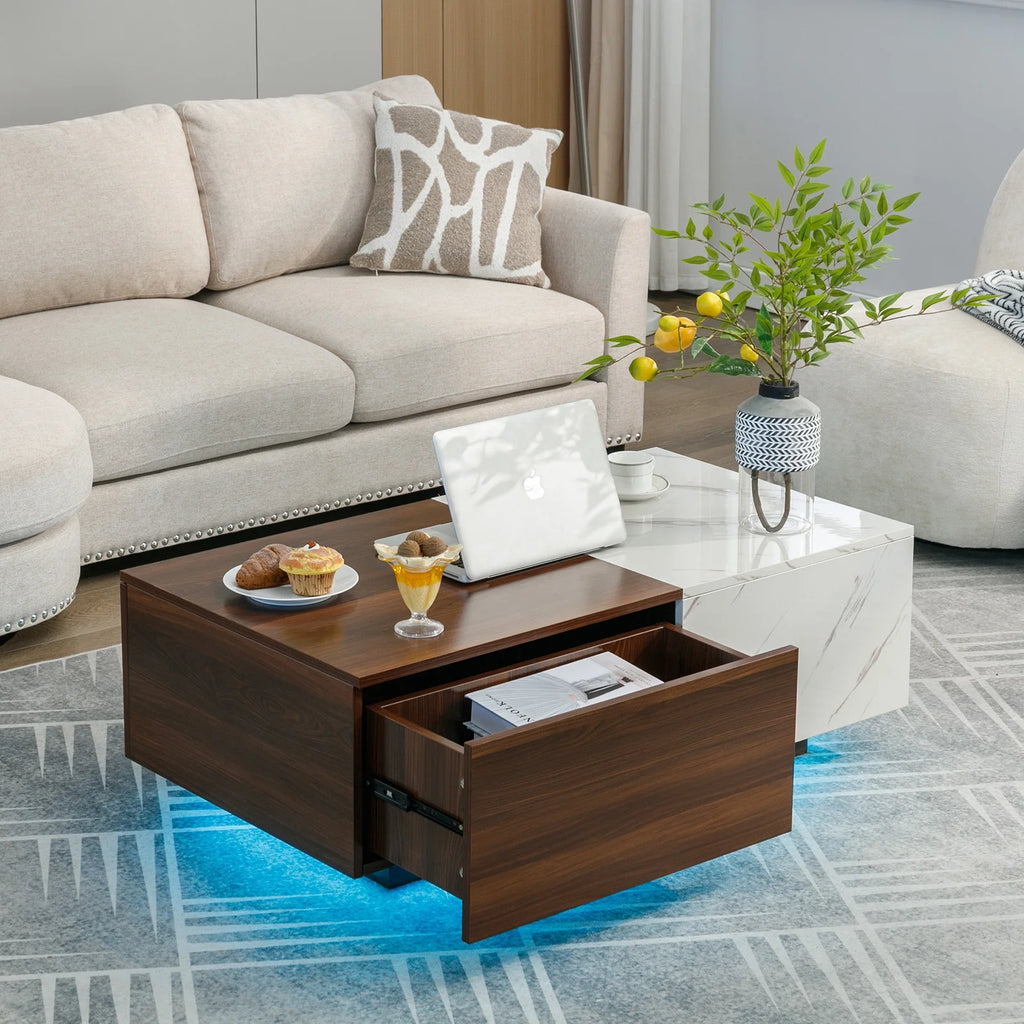Walnut and Marble White Coffee Table with 2 Storage Drawers P184651