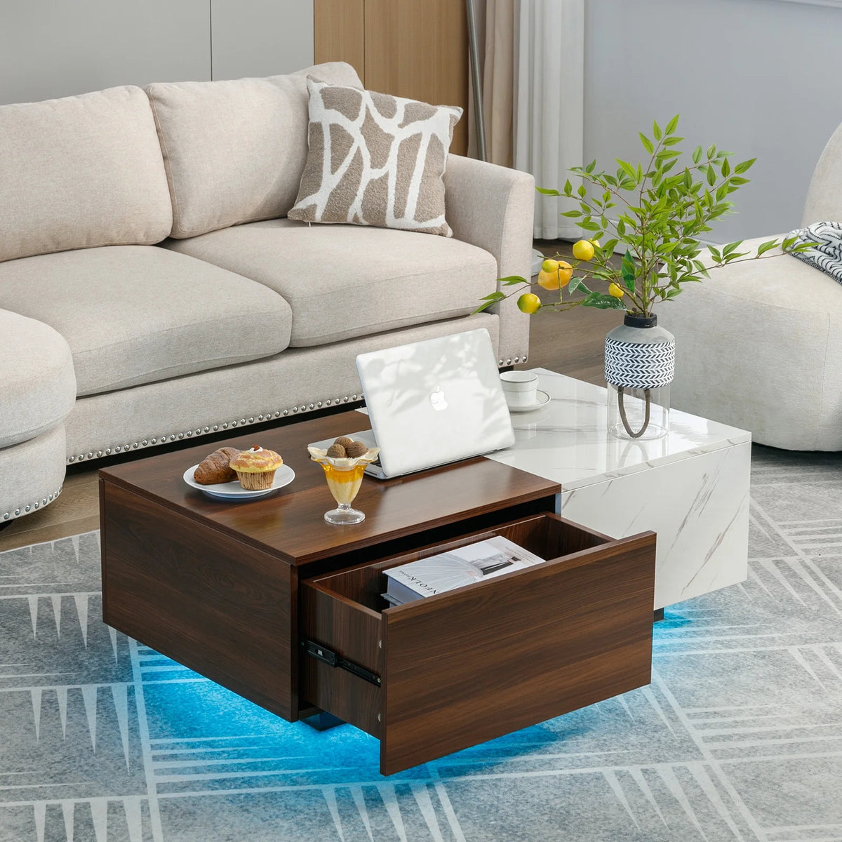 Walnut and Marble White Coffee Table with 2 Storage Drawers P184651