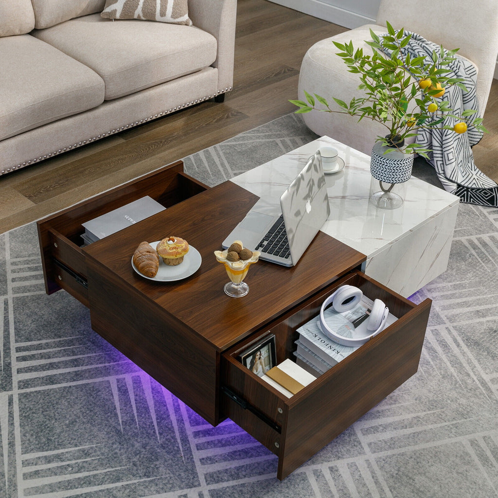 Walnut and Marble White Coffee Table with 2 Storage Drawers P184651