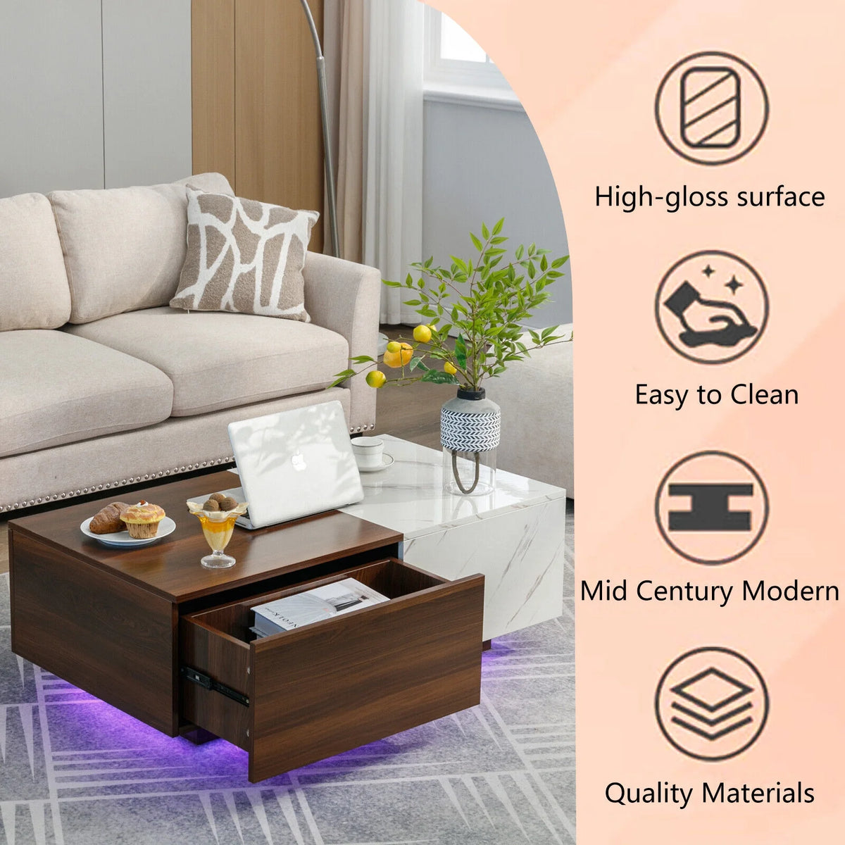 Walnut and Marble White Coffee Table with 2 Storage Drawers P184651