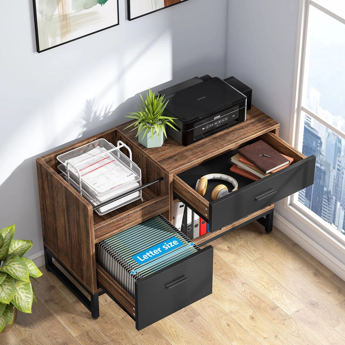 2 Drawer Wood File Cabinet with Storage Shelves G5719