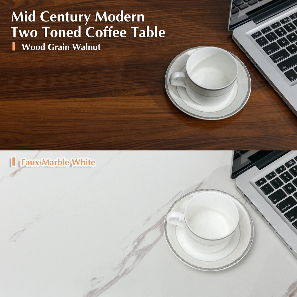Walnut and Marble White Coffee Table with 2 Storage Drawers P184651