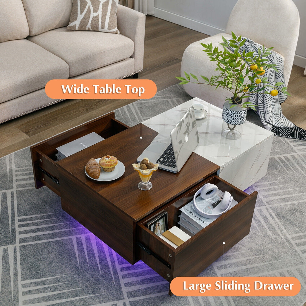 Walnut and Marble White Coffee Table with 2 Storage Drawers P184651