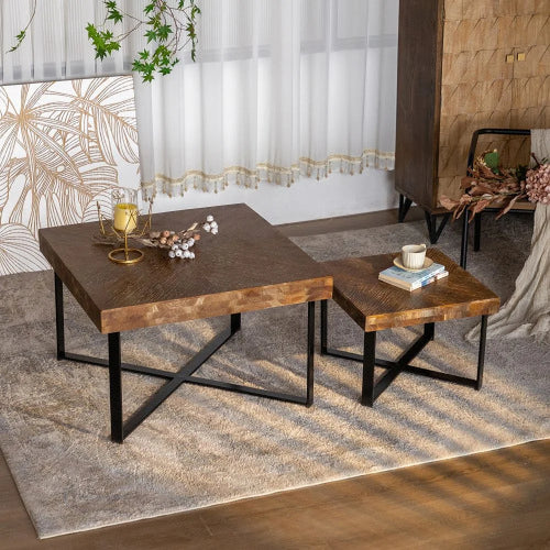 31.3" Square Coffee Table Fir Wood Top Metal Base Set of 2 I157