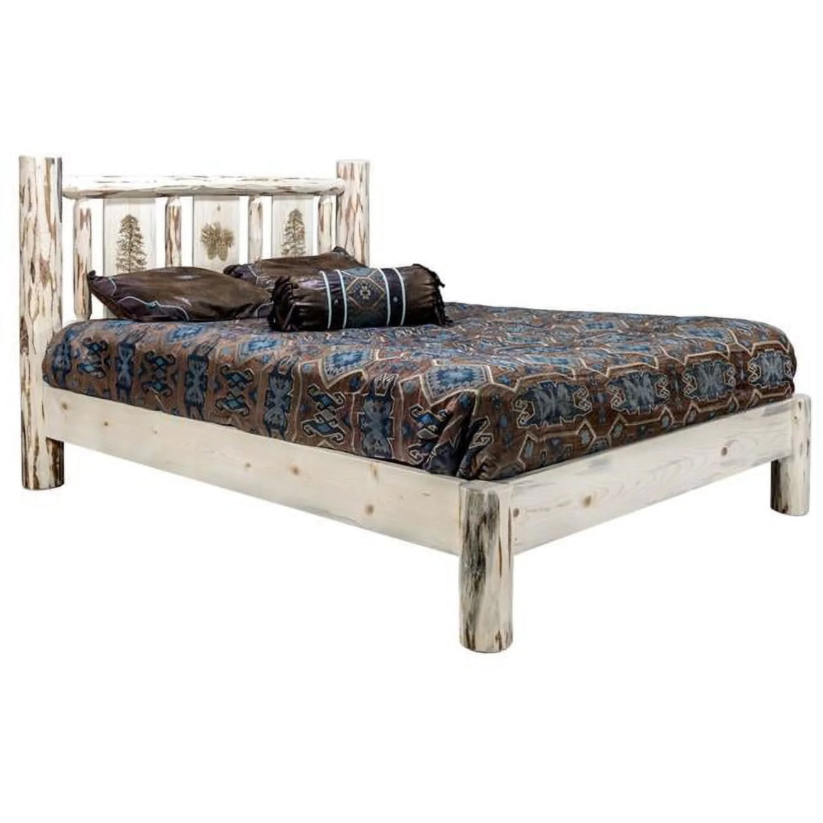 Full Platform Bed with Laser Engraved Pine Tree Design L605