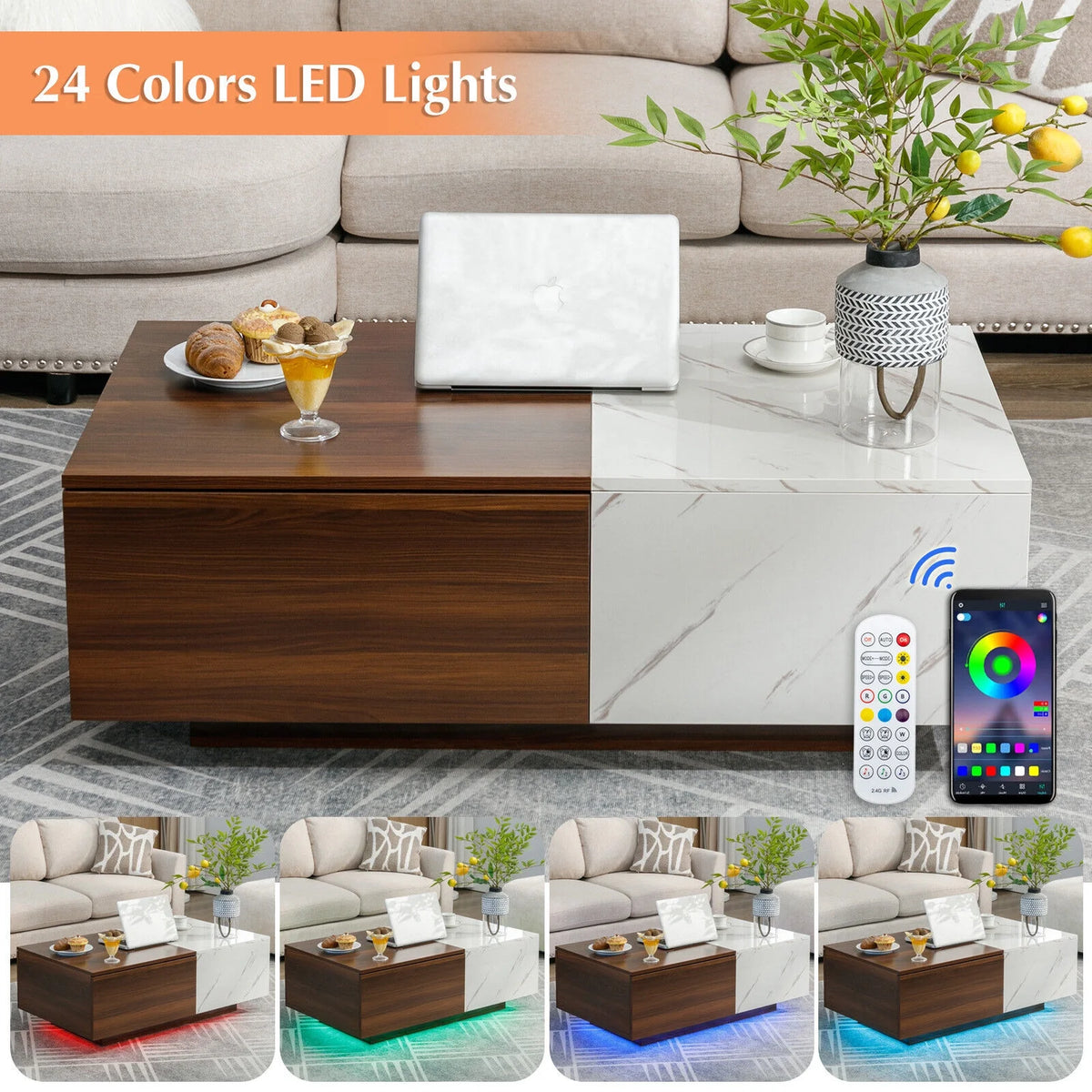 Walnut and Marble White Coffee Table with 2 Storage Drawers P184651