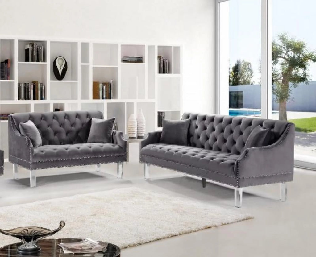 Grey Velvet Button Tufting Sofa & Loveseat Set 2Pcs A644