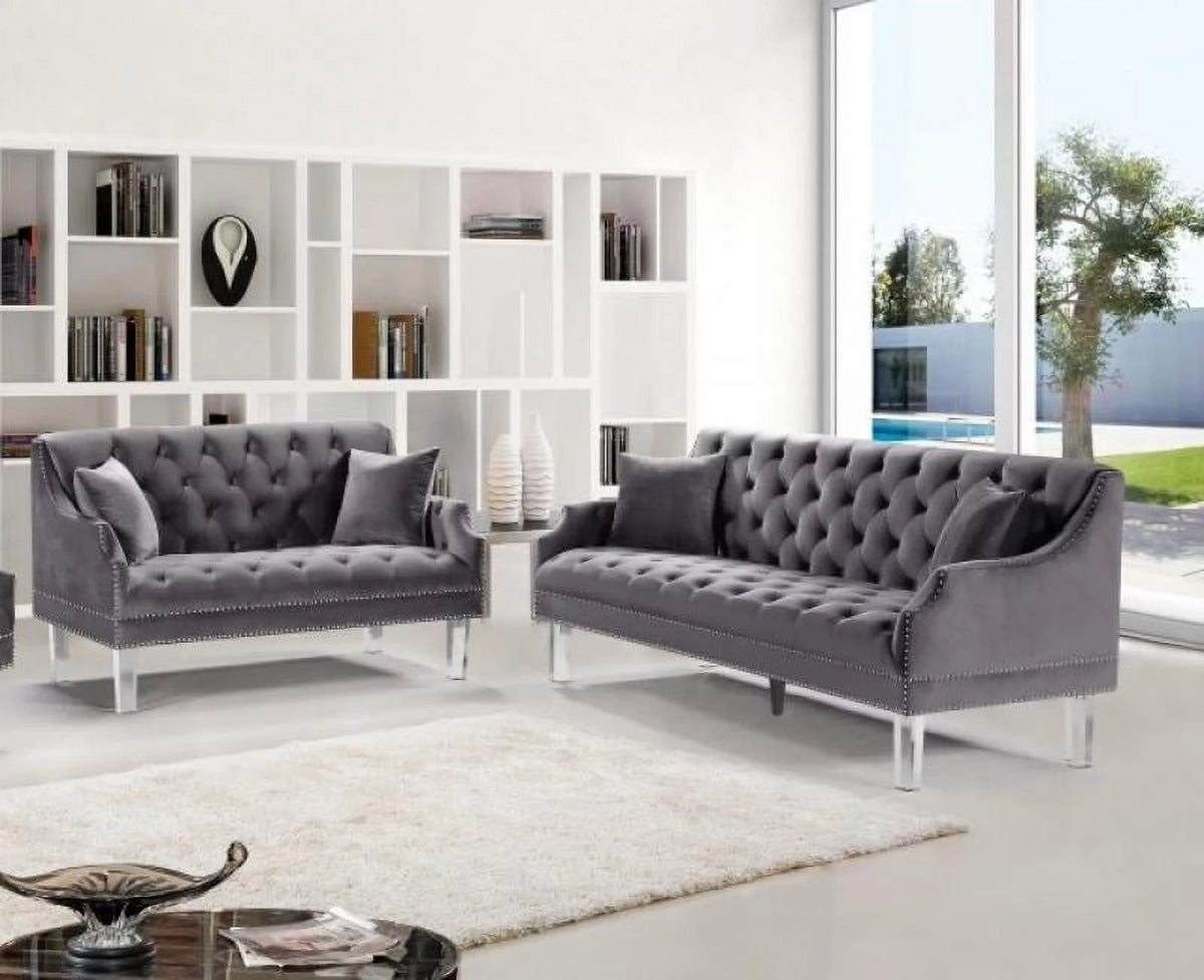Grey Velvet Button Tufting Sofa & Loveseat Set 2Pcs A644